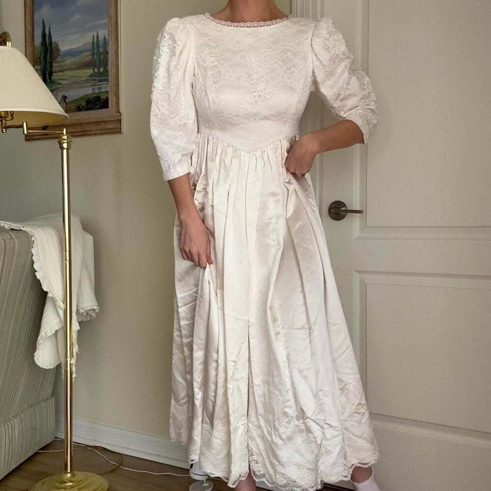 Vintage Handmade White Lace Basque Waist Gown with Puffy Sleeves